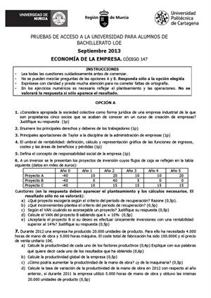 Examen de Selectividad: Economía. Murcia. Convocatoria Septiembre 2013