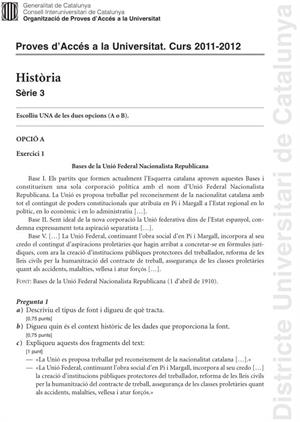 Examen de Selectividad: Historia. Cataluña. Convocatoria Junio 2012