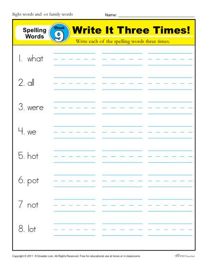 First Grade Spelling Words List – Week 9 (List A-9)