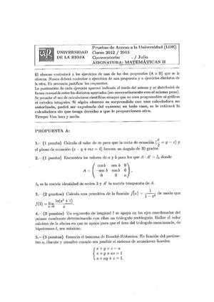 Examen de Selectividad: Matemáticas II. La Rioja. Convocatoria Julio 2013