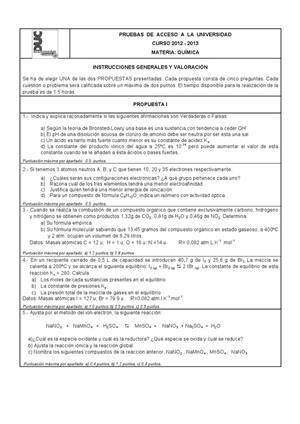 Examen de Selectividad: Química. Canarias. Convocatoria Junio 2013