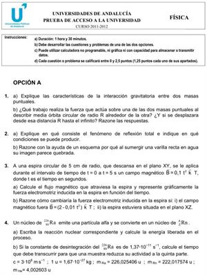 Examen de Selectividad: Física 1. Andalucía. Convocatoria Junio 2012