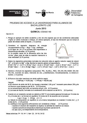 Examen de Selectividad: Química. Murcia. Convocatoria Junio 2013