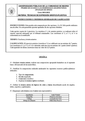 Examen de Selectividad: Técnicas de expresión gráfico-plástica. Madrid. Convocatoria Junio 2013