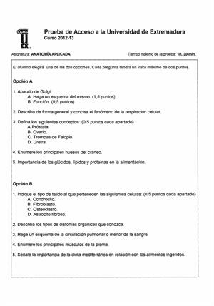 Examen de Selectividad: Anatomía aplicada. Extremadura. Convocatoria Junio 2013