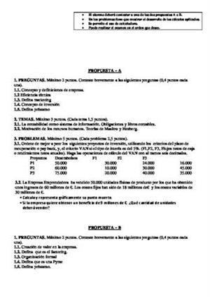 Examen de Selectividad: Economía. Castilla-La Mancha. Convocatoria Junio 2014