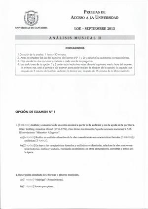 Examen de Selectividad: Análisis musical. Cantabria. Convocatoria Septiembre 2013