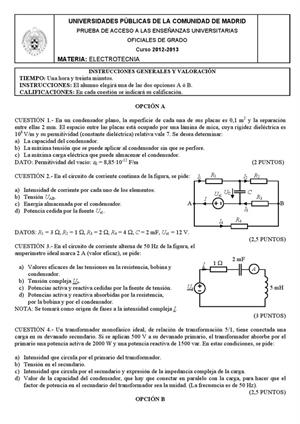 Examen de Selectividad: Electrotecnia. Madrid. Convocatoria Junio 2013