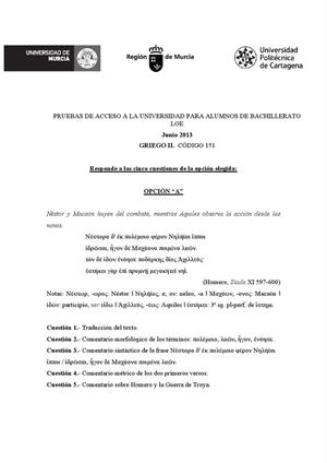 Examen de Selectividad: Griego. Murcia. Convocatoria Junio 2013