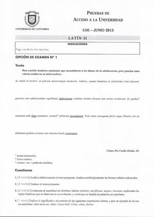 Examen de Selectividad: Latín. Cantabria. Convocatoria Junio 2013