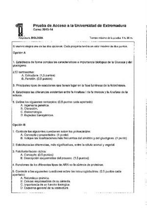 Examen de Selectividad: Biología. Extremadura. Convocatoria Junio 2014