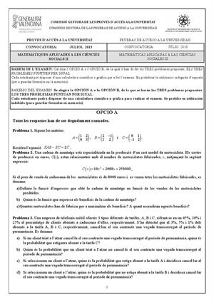 Examen de Selectividad: Matemáticas CCSS. Comunidad Valenciana. Convocatoria Julio 2013