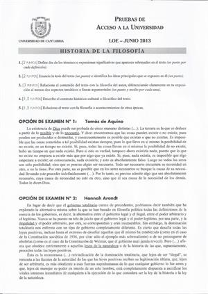 Examen de Selectividad: Historia de la filosofía. Cantabria. Convocatoria Junio 2013