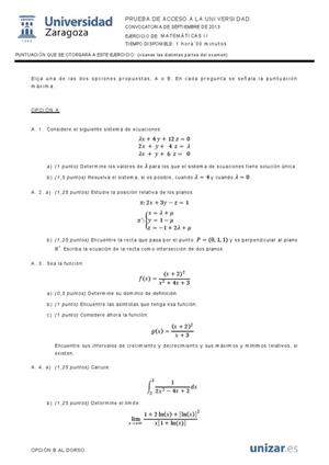 Examen de Selectividad: Matemáticas II. Aragón. Convocatoria Septiembre 2013
