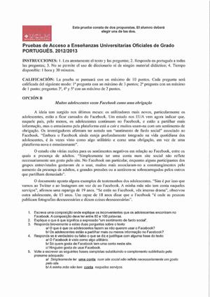 Examen de Selectividad: Portugués. Castilla-La Mancha. Convocatoria Junio 2013