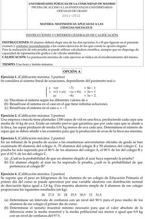 Examen de Selectividad: Matemáticas aplicadas. Comunidad de Madrid. Convocatoria Junio 2012
