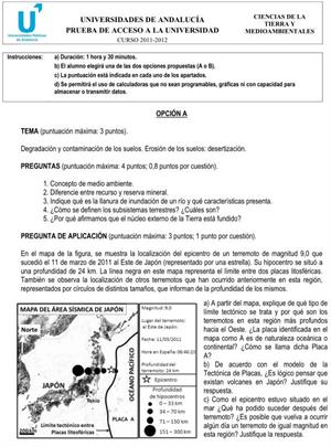 Examen de Selectividad: Ciencias de la Tierra y Medioambiente 1. Andalucía. Convocatoria Junio 2012