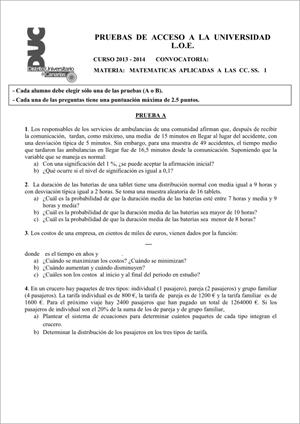Examen de Selectividad: Matemáticas CCSS. Comunidad Canaria. Convocatoria Junio 2014