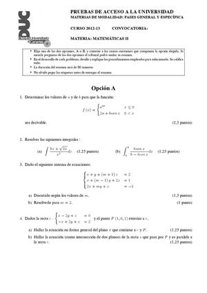 Examen de Selectividad: Matemáticas II. Canarias. Convocatoria Junio 2013