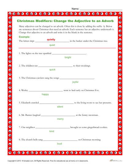 Christmas Modifiers: Change the Adjectives to Adverbs