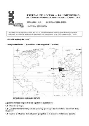 Examen de Selectividad: Geografía. Canarias. Convocatoria Julio 2013