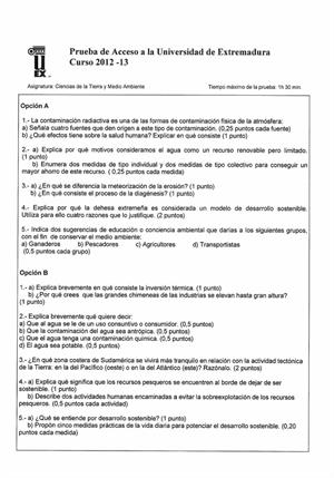 Examen de Selectividad: Ciencias de la Tierra. Extremadura. Convocatoria Junio 2013