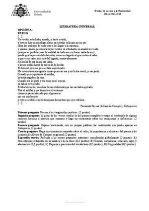 Examen de Selectividad: Literatura universal. Asturias. Convocatoria Junio 2014
