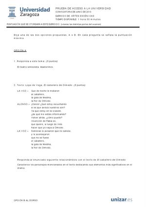 Examen de Selectividad: Artes escénicas. Aragón. Convocatoria Junio 2013