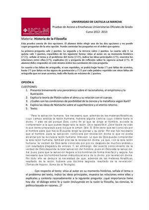 Examen de Selectividad: Historia de la filosofía. Castilla-La Mancha. Convocatoria Septiembre 2013