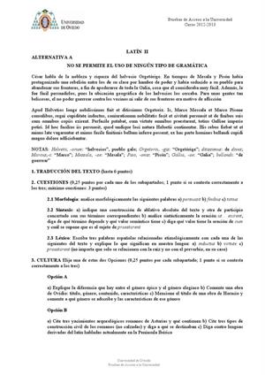 Examen de Selectividad: Latín. Asturias. Convocatoria Junio 2013