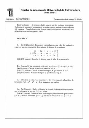 Examen de Selectividad: Matemáticas II. Extremadura. Convocatoria Junio 2013