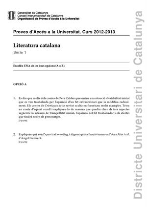 Examen de Selectividad: Literatura catalana. Cataluña. Convocatoria Septiembre 2013