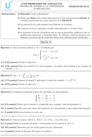 Examen de Selectividad: Matemáticas II 3. Andalucía. Convocatoria Junio 2012