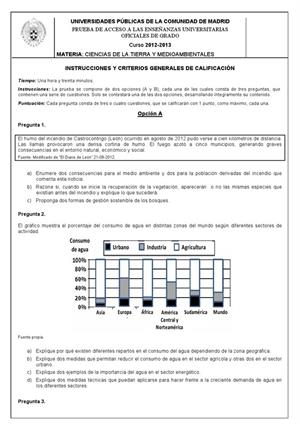 Examen de Selectividad: Ciencias de la Tierra. Madrid. Convocatoria Junio 2013