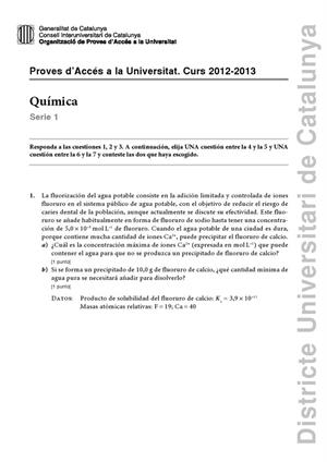 Examen de Selectividad: Química. Cataluña. Convocatoria Septiembre 2013