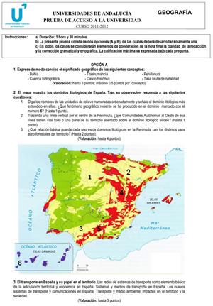 Examen de Selectividad: Geografía 1. Andalucía. Convocatoria Junio 2012