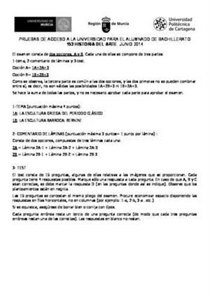 Examen de Selectividad: Historia del arte. Murcia. Convocatoria Junio 2014
