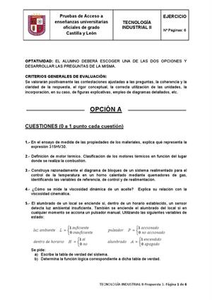 Examen de Selectividad: Tecnología industrial. Castilla y León. Convocatoria Junio 2013