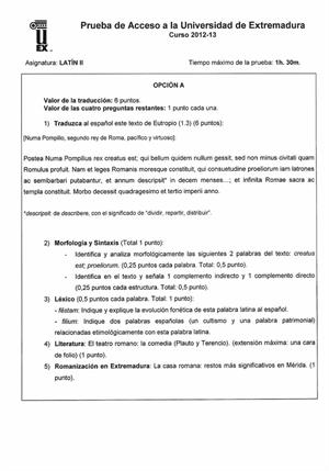 Examen de Selectividad: Latín. Extremadura. Convocatoria Junio 2013