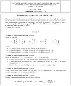 Examen de Selectividad: Matemáticas II. Comunidad de Madrid. Convocatoria Junio 2012