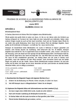 Examen de Selectividad: Alemán. Murcia. Convocatoria Junio 2013