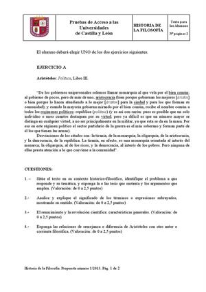 Examen de Selectividad: Historia de la filosofía. Castilla y León. Convocatoria Junio 2013