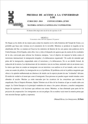 Examen de Selectividad: Lengua castellana y su Literatura. Comunidad Canaria. Convocatoria Junio 2014