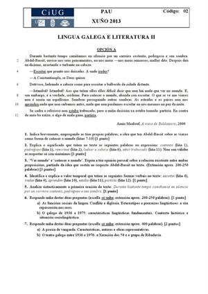 Examen de Selectividad: Lengua gallega y su Literatura. Galicia. Convocatoria Junio 2013