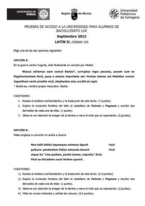 Examen de Selectividad: Latín. Murcia. Convocatoria Septiembre 2013