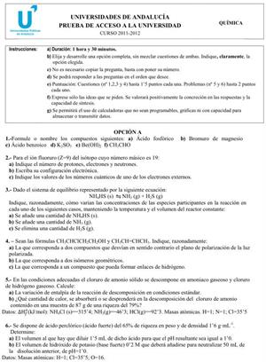 Examen de Selectividad: Química Opción A. Andalucía. Convocatoria Junio 2012