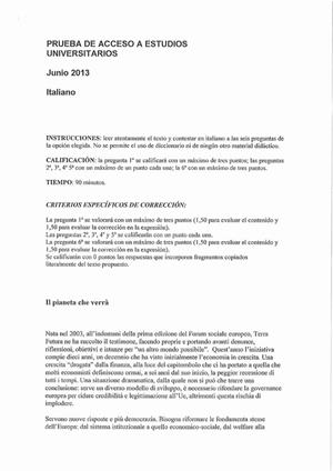 Examen de Selectividad: Italiano. Castilla-La Mancha. Convocatoria Junio 2013