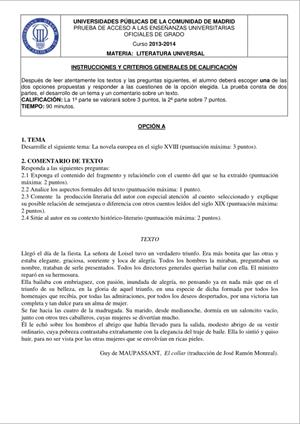 Examen de Selectividad: Literatura universal. Madrid. Convocatoria Junio 2014