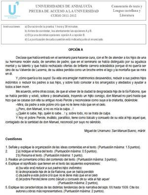 Examen de Selectividad: Lengua castellana y Literatura 6. Andalucía. Convocatoria Junio 2012