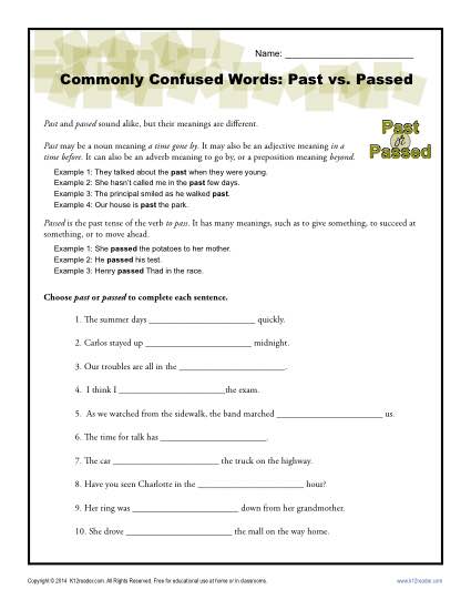 Past vs. Passed – Commonly Confused Words Worksheet